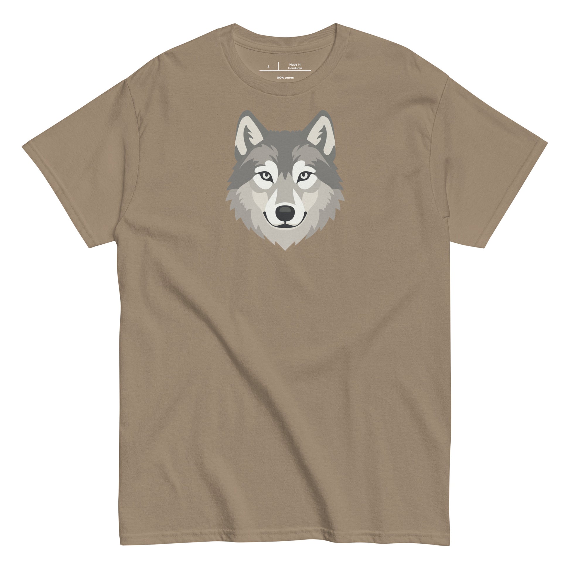Brown t-shirt with a wolf graphic on a white background