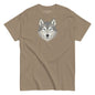 Brown t-shirt with a wolf graphic on a white background