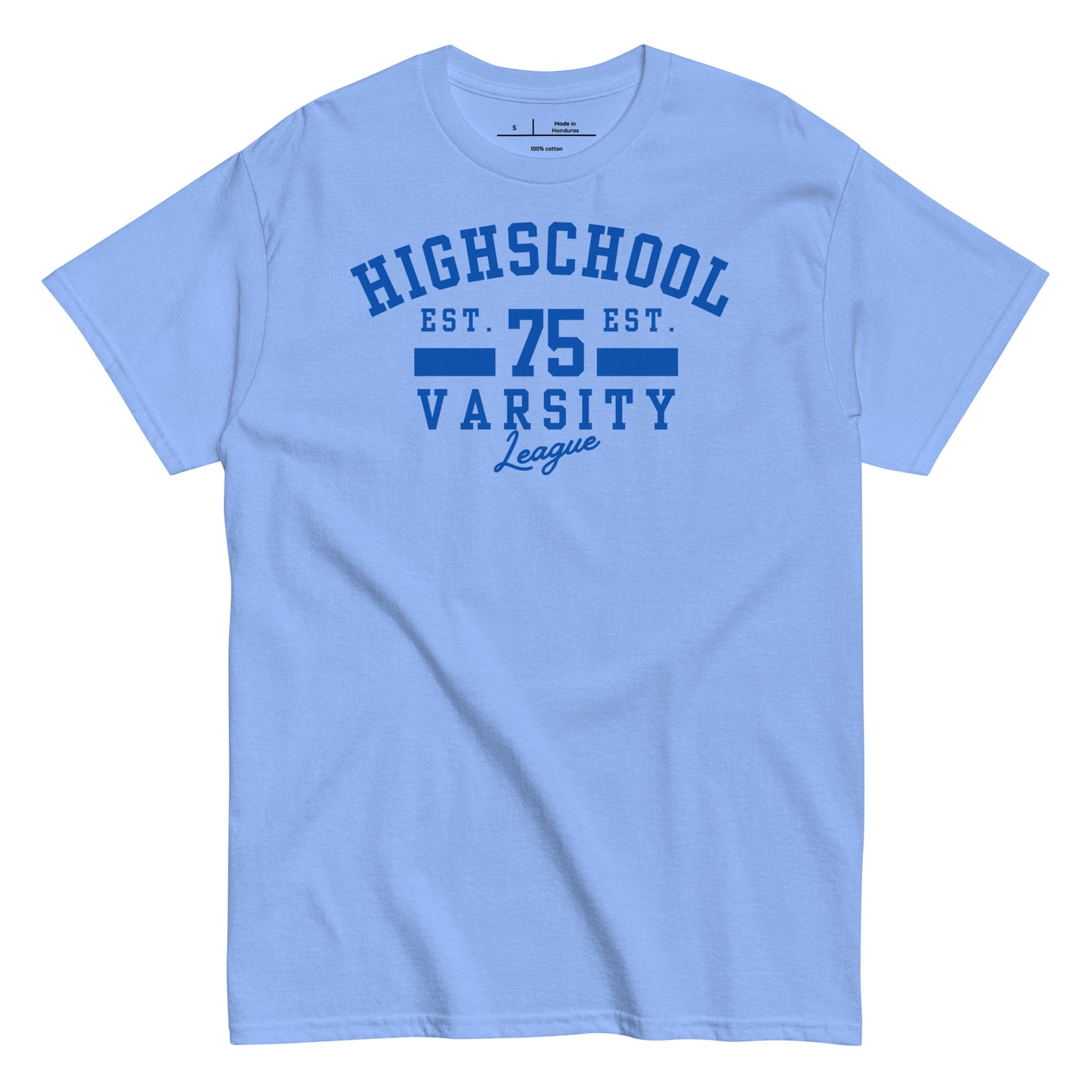 Light blue t-shirt with blue text on a white background