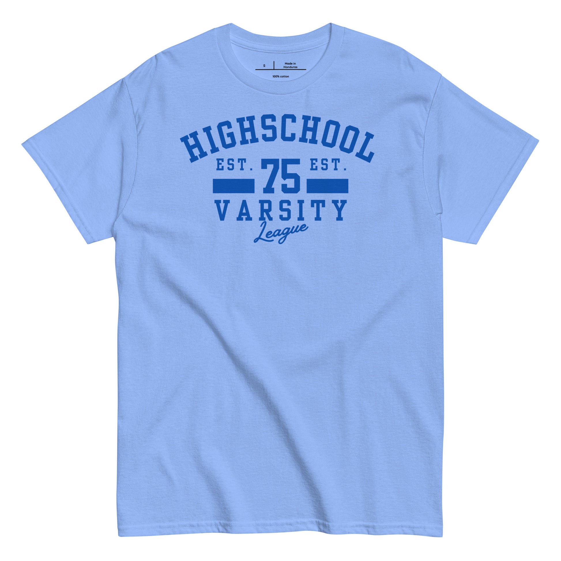 Light blue t-shirt with blue text on a white background