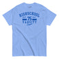 Light blue t-shirt with blue text on a white background
