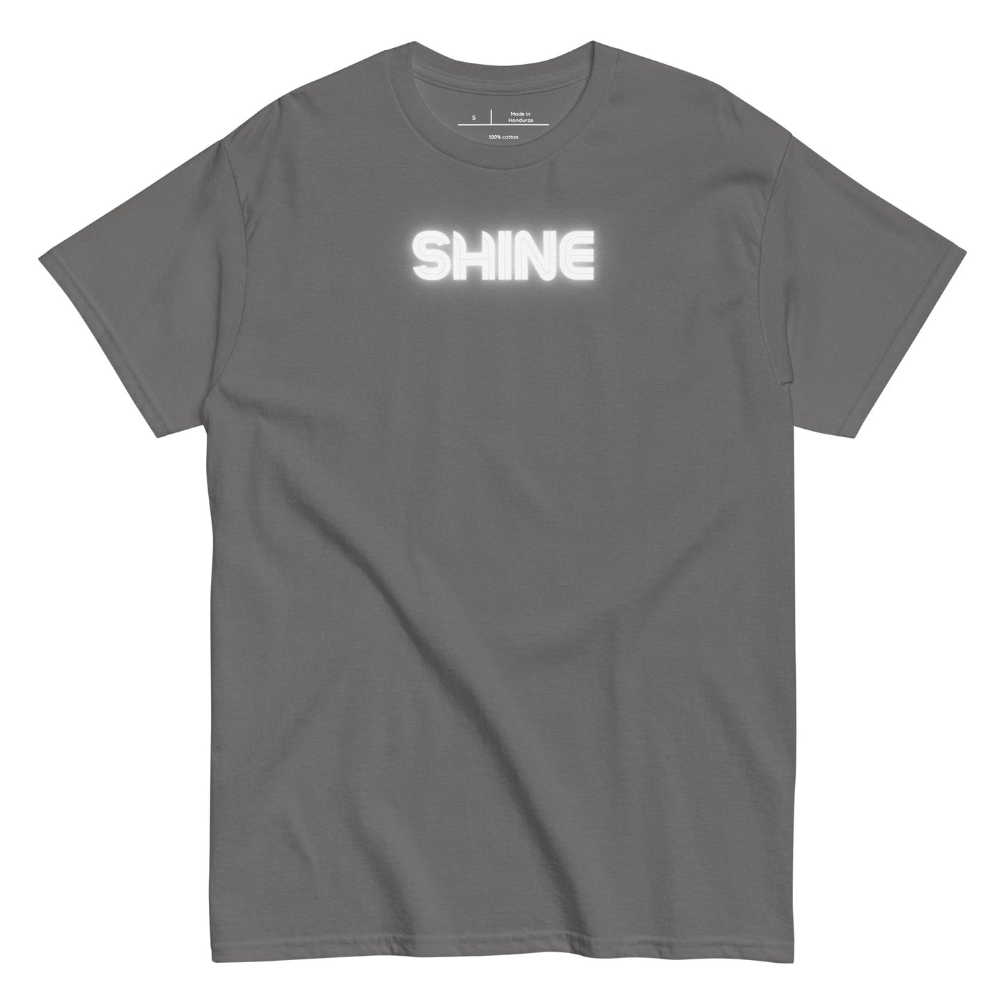 Gray t-shirt with 'SHINE' text on a white background