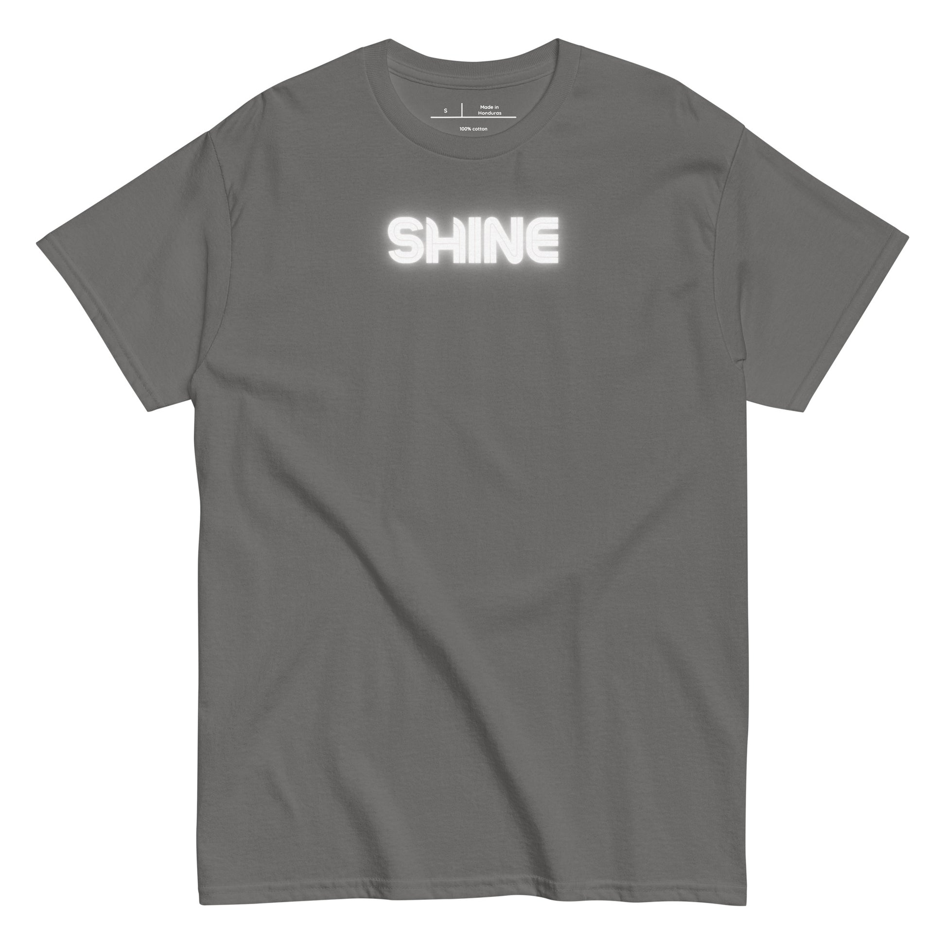 Gray t-shirt with 'SHINE' text on a white background