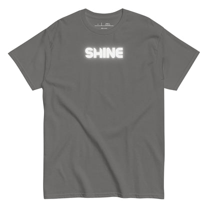 Gray t-shirt with 'SHINE' text on a white background