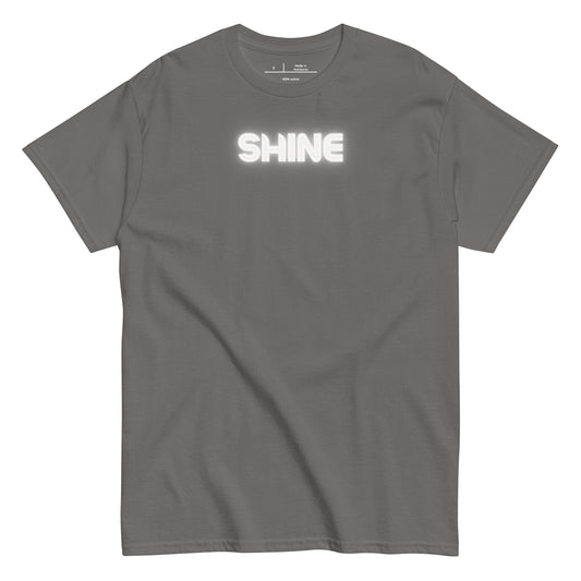 Gray t-shirt with 'SHINE' text on a white background