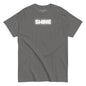 Gray t-shirt with 'SHINE' text on a white background