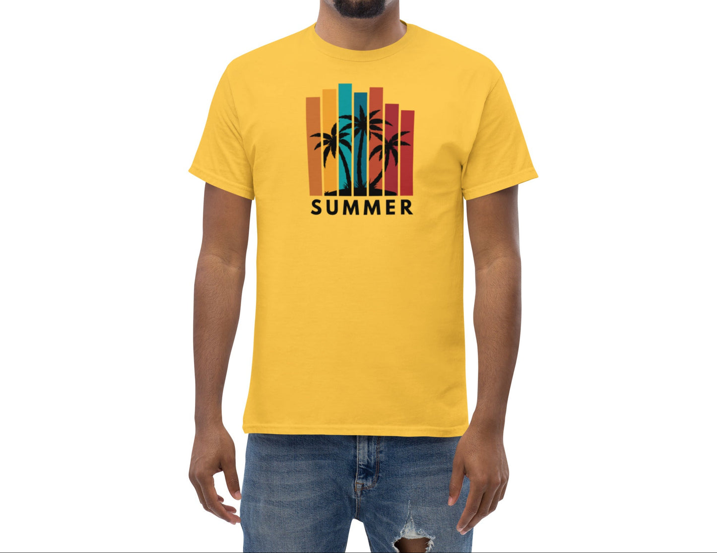 Man wearing a yellow t-shirt with a 'Summer' design on a white background