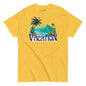 Yellow t-shirt with 'Vacation' graphic design featuring palm trees and a beach on a white background.