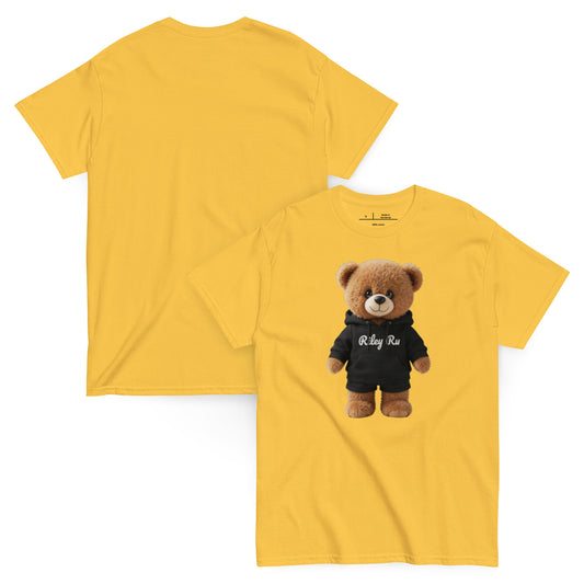 Yellow t-shirt with a teddy bear graphic on a white background