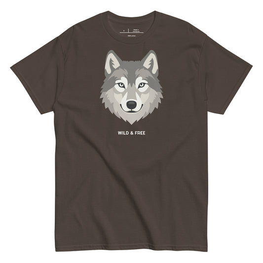 Brown t-shirt with a wolf graphic and 'Wild & Free' text on a white background