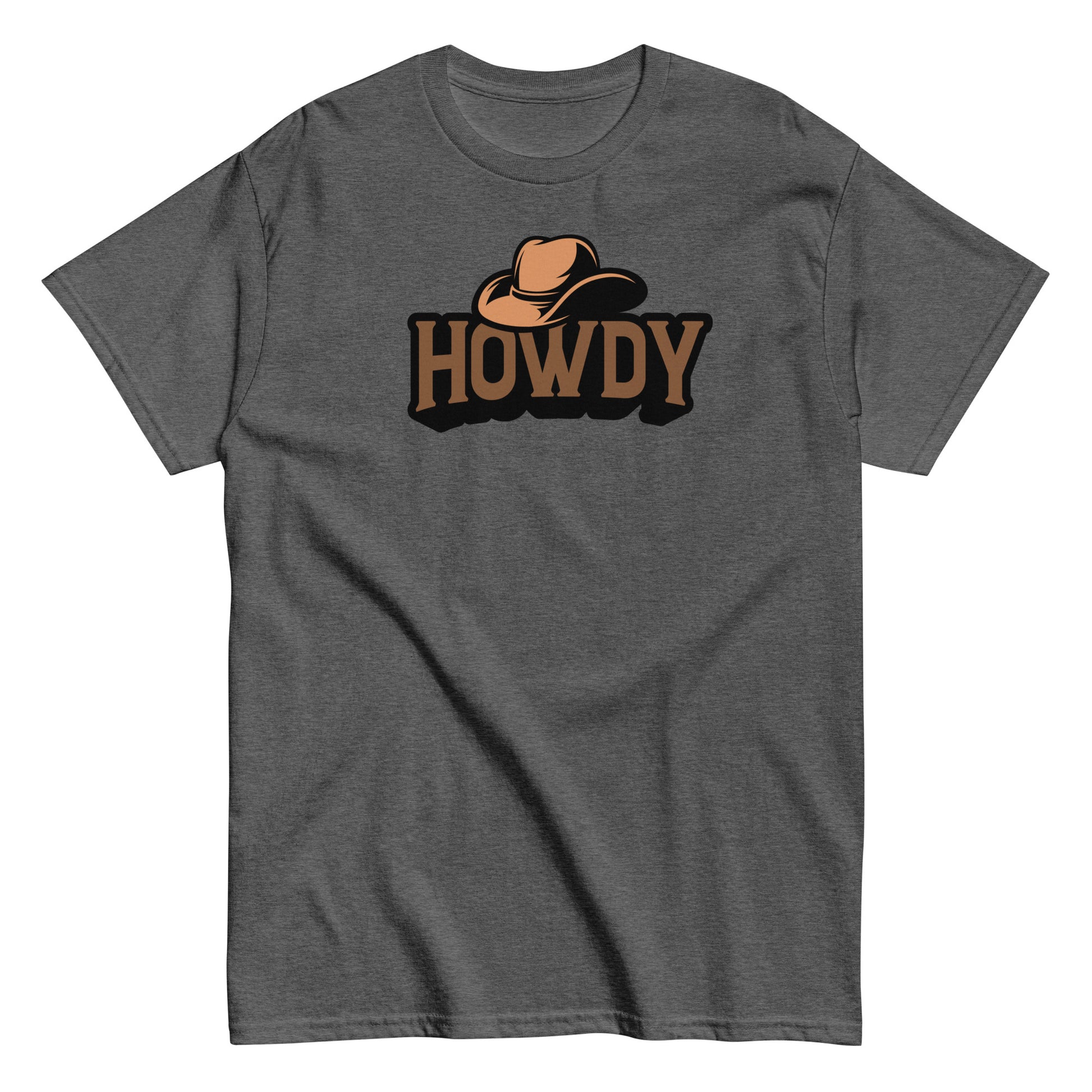 Gray t-shirt with 'HOWDY' and cowboy hat graphic on a white background