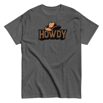 Gray t-shirt with 'HOWDY' and cowboy hat graphic on a white background