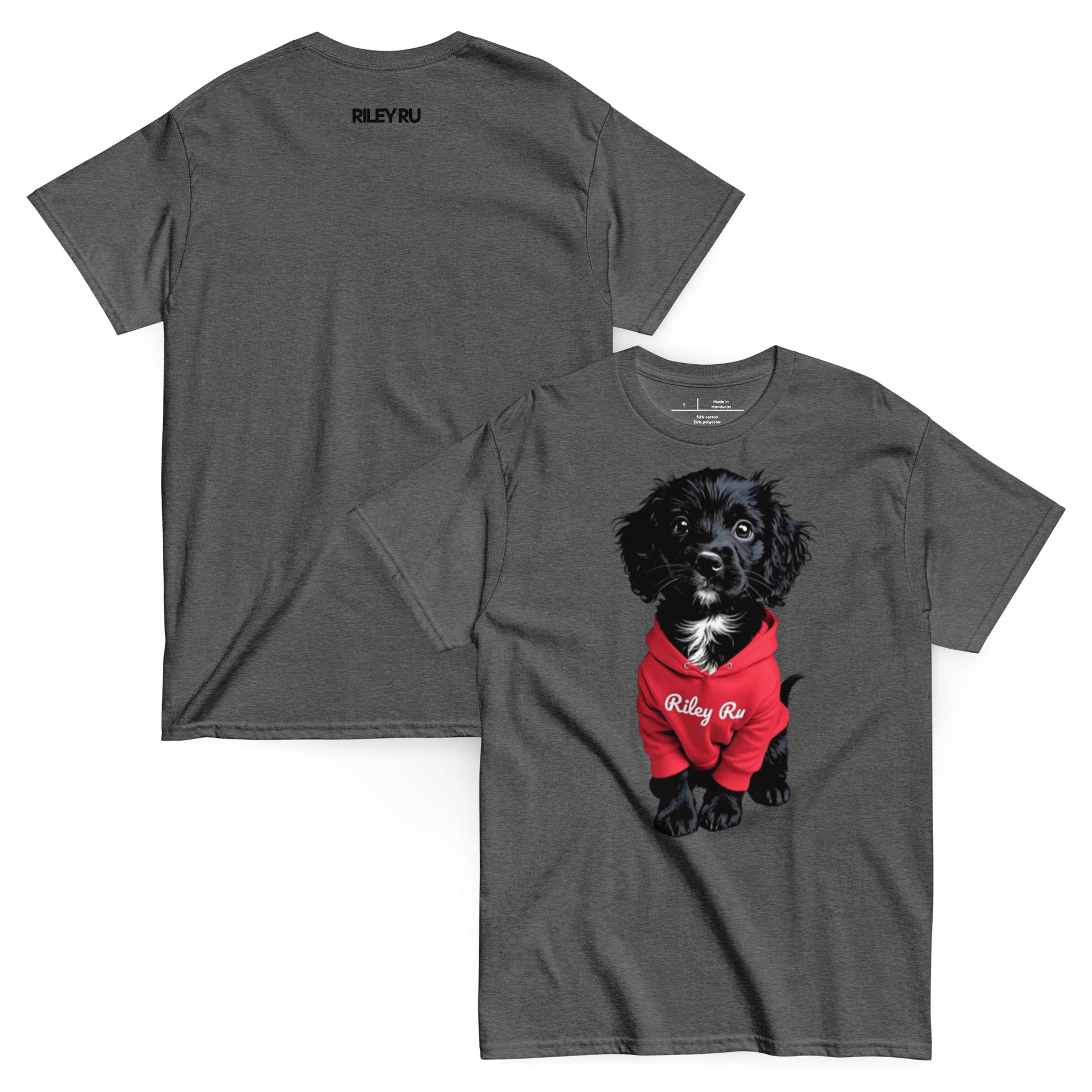 Gray t-shirt with a dog illustration and 'Riley Ru' branding on a white background
