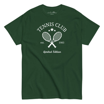 Green t-shirt with 'Tennis Club' design on a white background