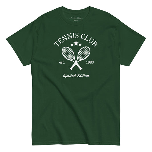 Green t-shirt with 'Tennis Club' design on a white background