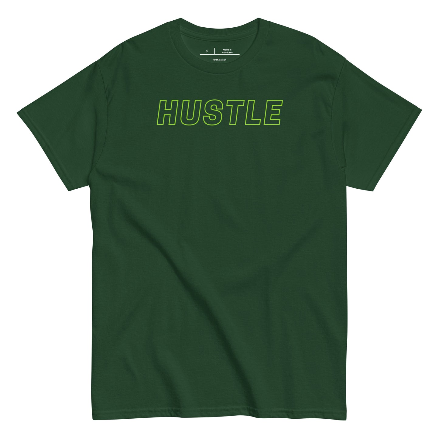 Green t-shirt with 'HUSTLE' text on a white background