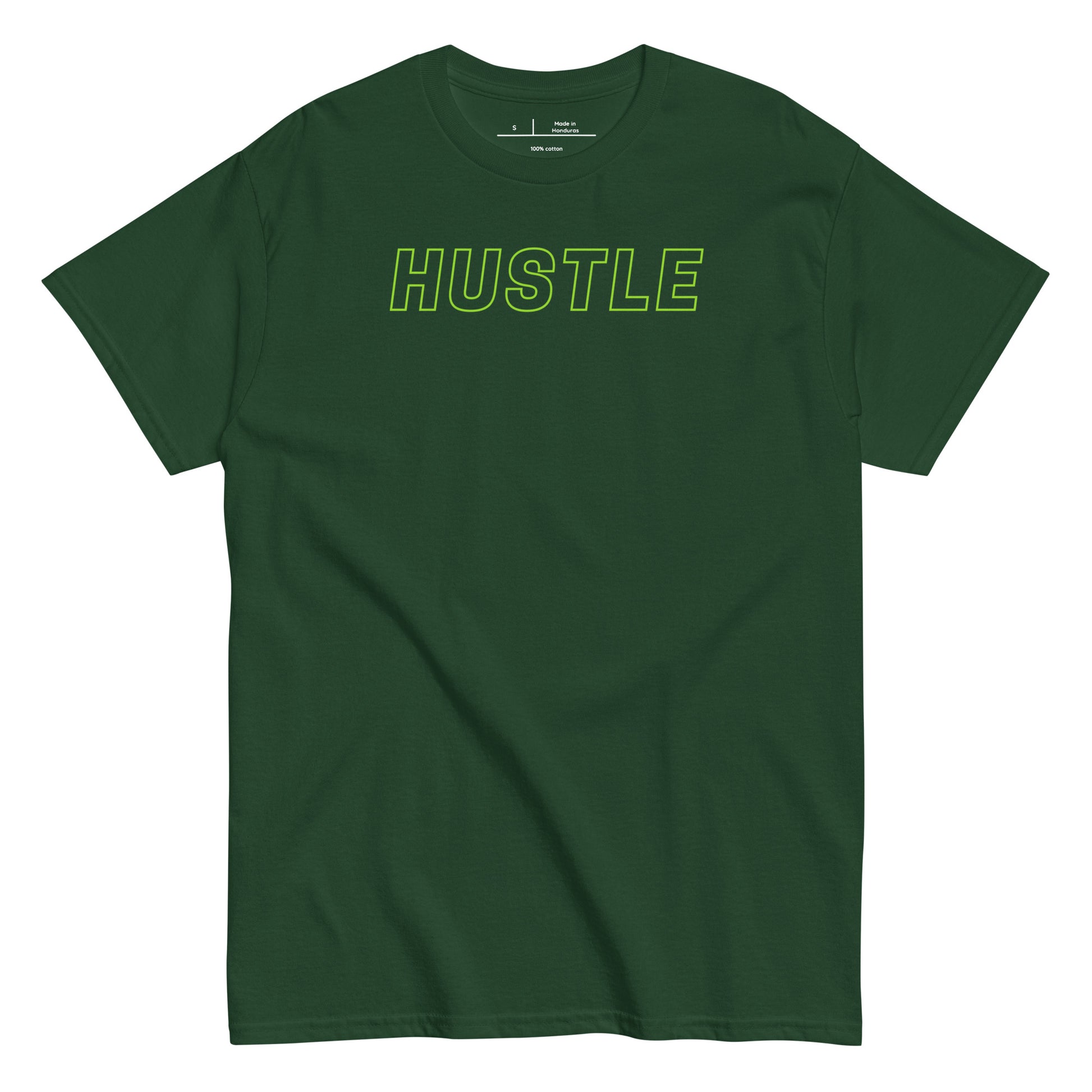 Green t-shirt with 'HUSTLE' text on a white background