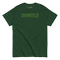 Green t-shirt with 'HUSTLE' text on a white background