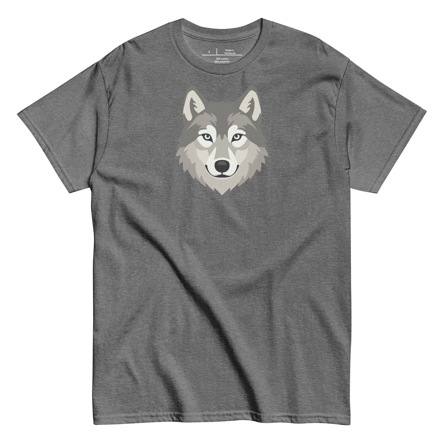 Gray t-shirt with a wolf graphic on a white background