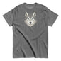 Gray t-shirt with a wolf graphic on a white background