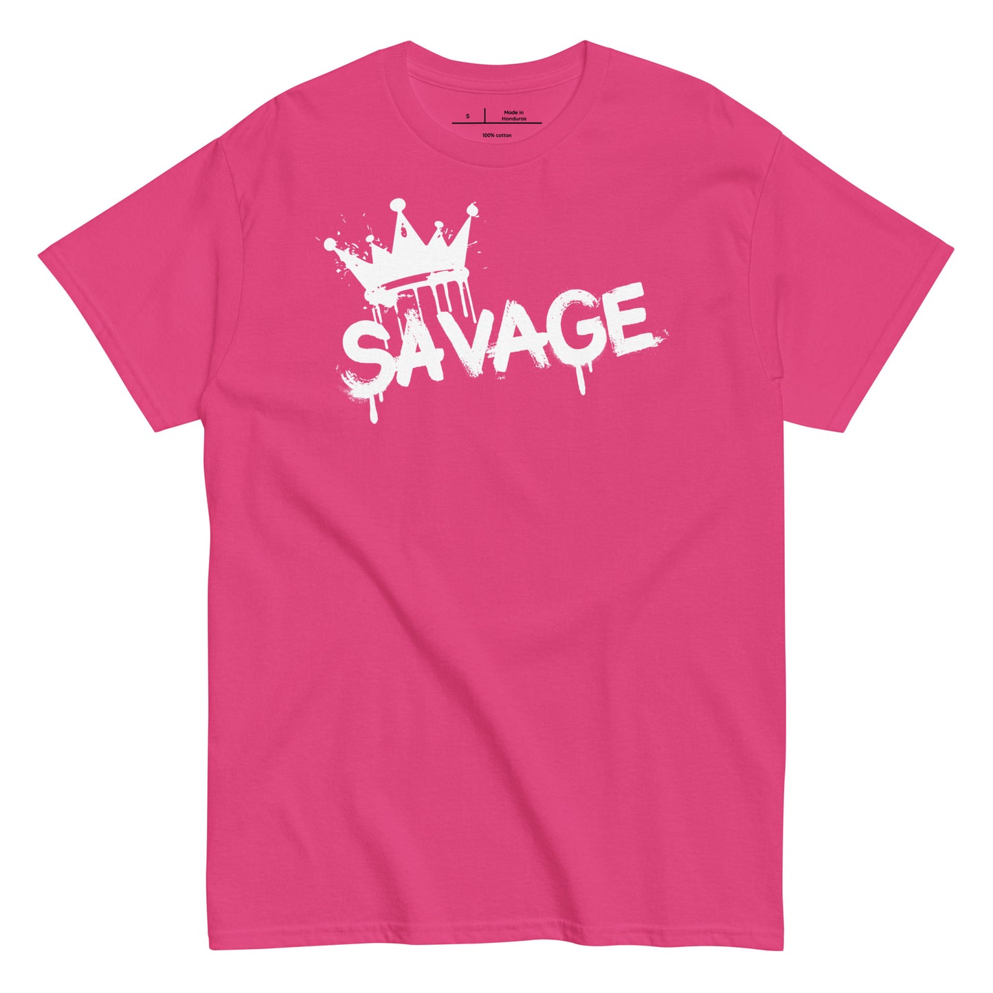 Pink t-shirt with 'SAVAGE' print on a white background