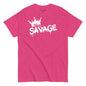 Pink t-shirt with 'SAVAGE' print on a white background