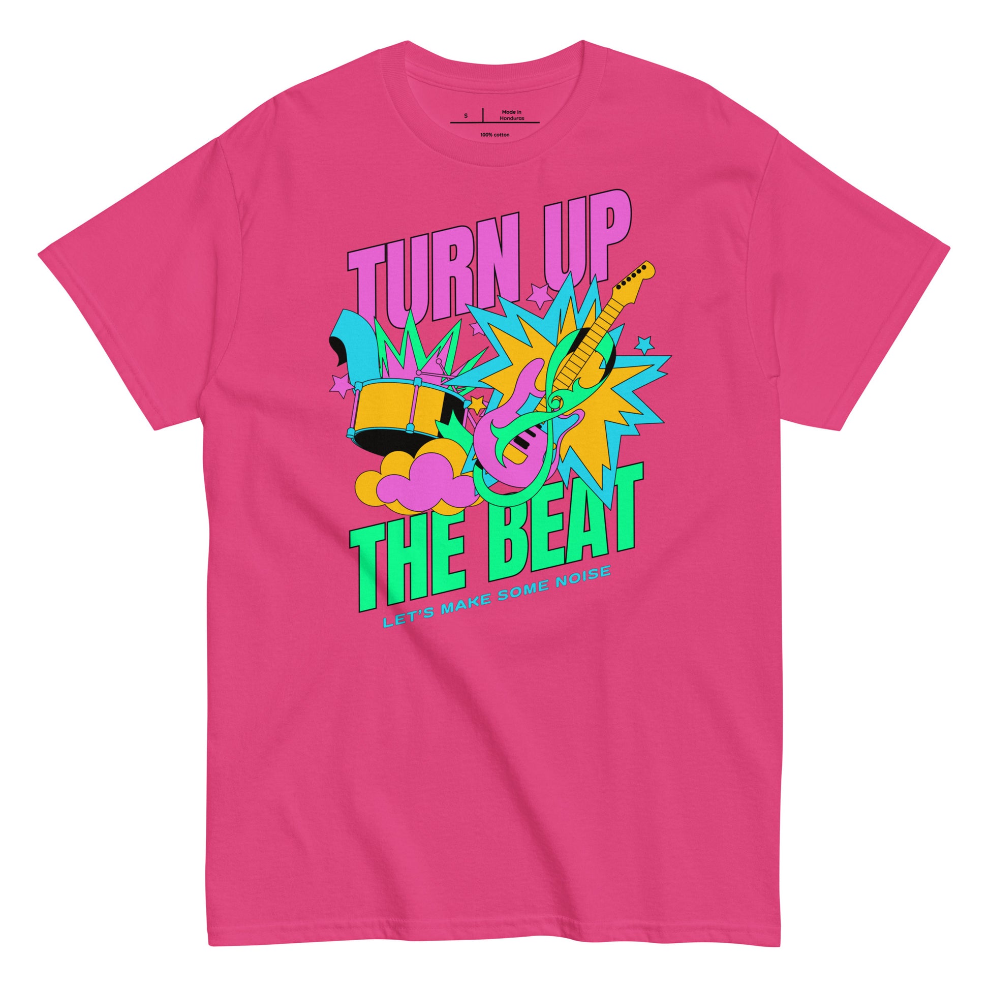 Pink t-shirt with colorful graphic and text 'Turn Up The Beat' on a white background