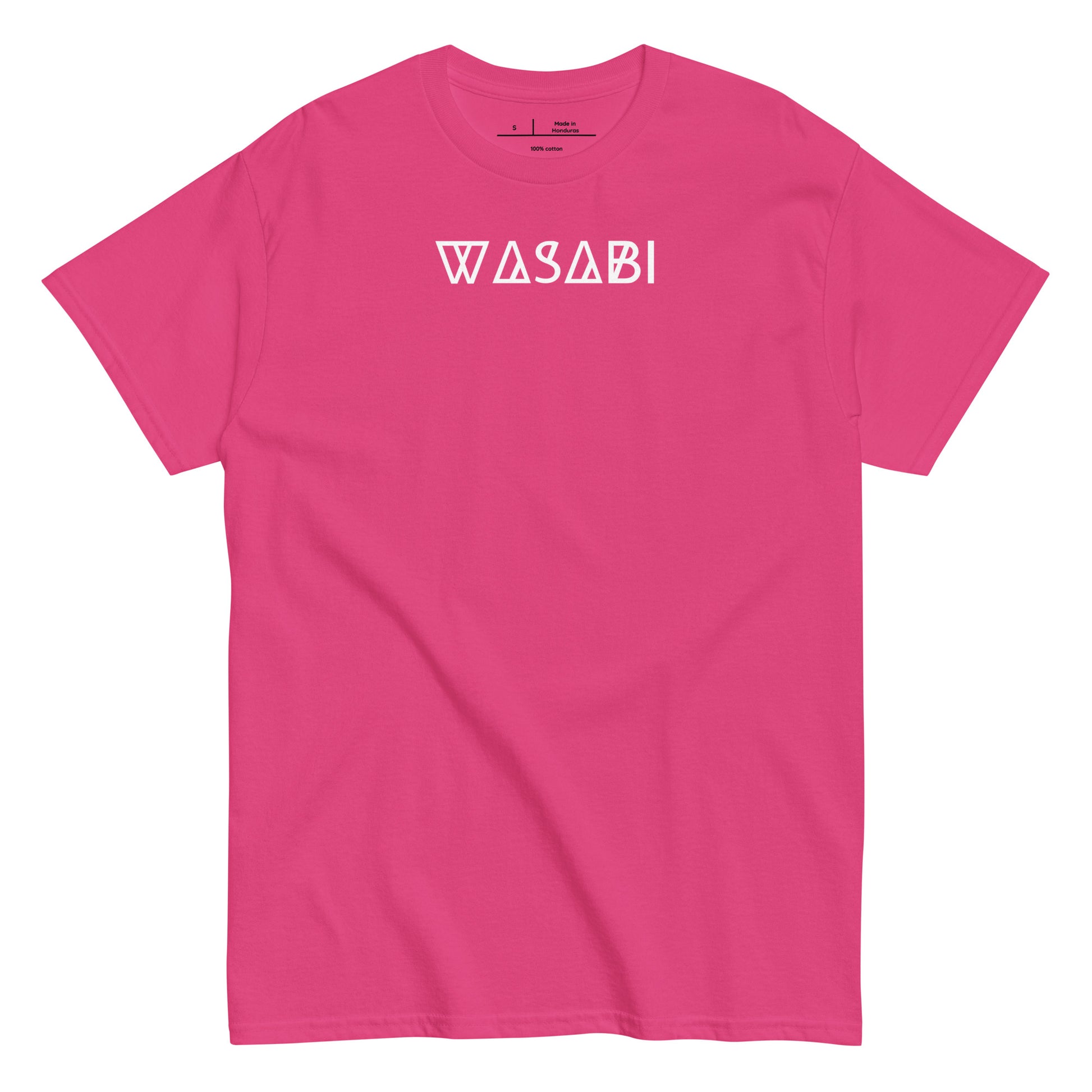 Pink t-shirt with 'WASABI' text on a white background