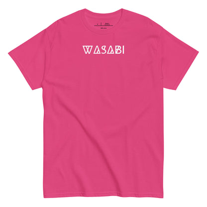 Pink t-shirt with 'WASABI' text on a white background