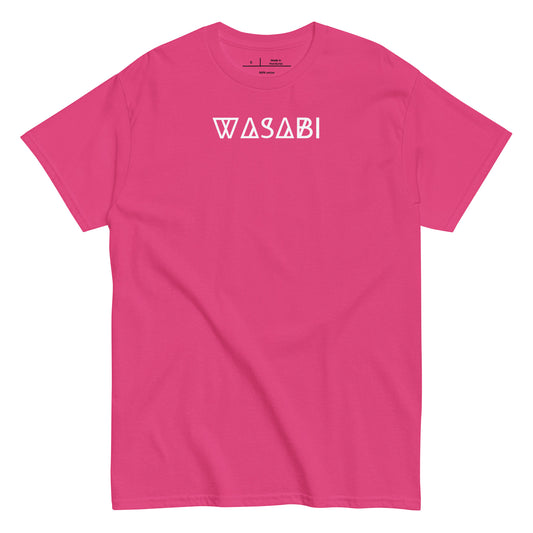 Pink t-shirt with 'WASABI' text on a white background