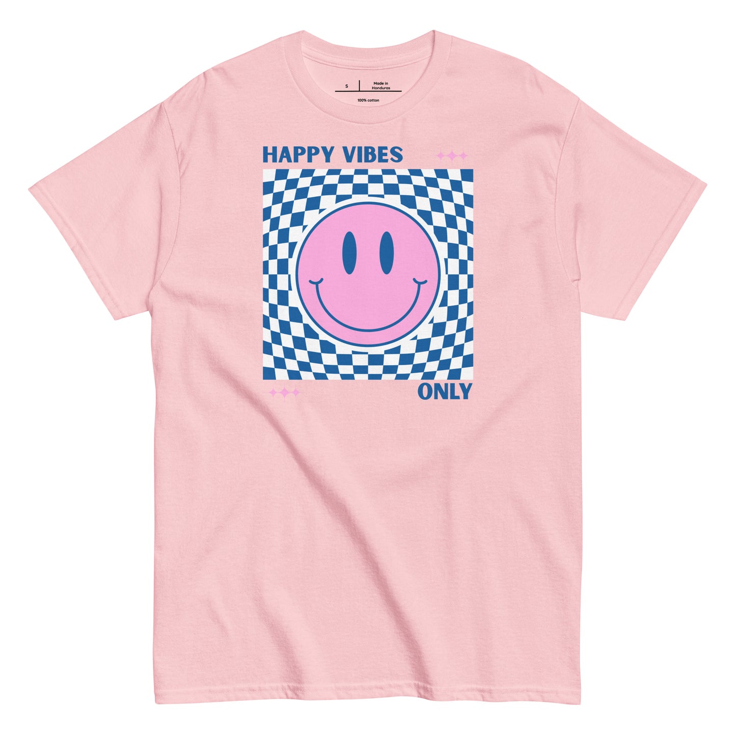 Pink t-shirt with a smiley face and text on a white background