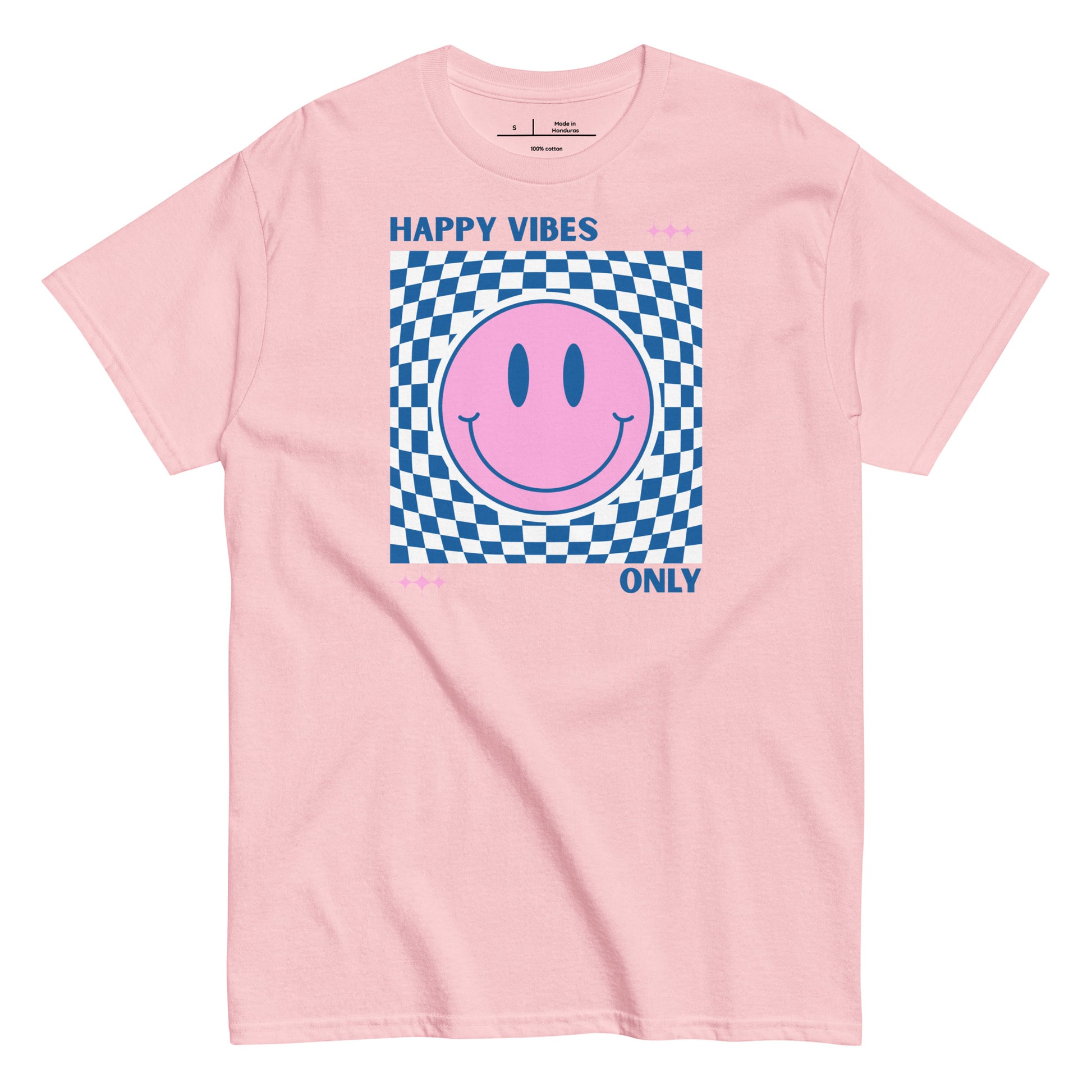 Pink t-shirt with a smiley face and text on a white background