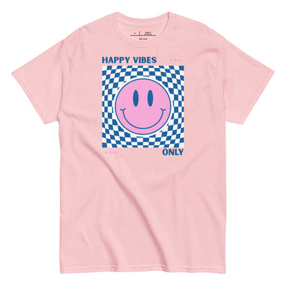 Pink t-shirt with a smiley face and text on a white background