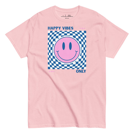 Pink t-shirt with a smiley face and text on a white background