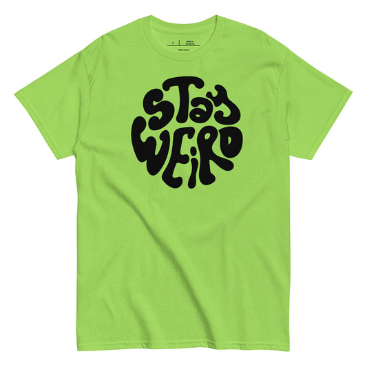 Green t-shirt with 'Stay Weird' text on a white background