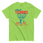 Green t-shirt with tennis-themed design on a white background