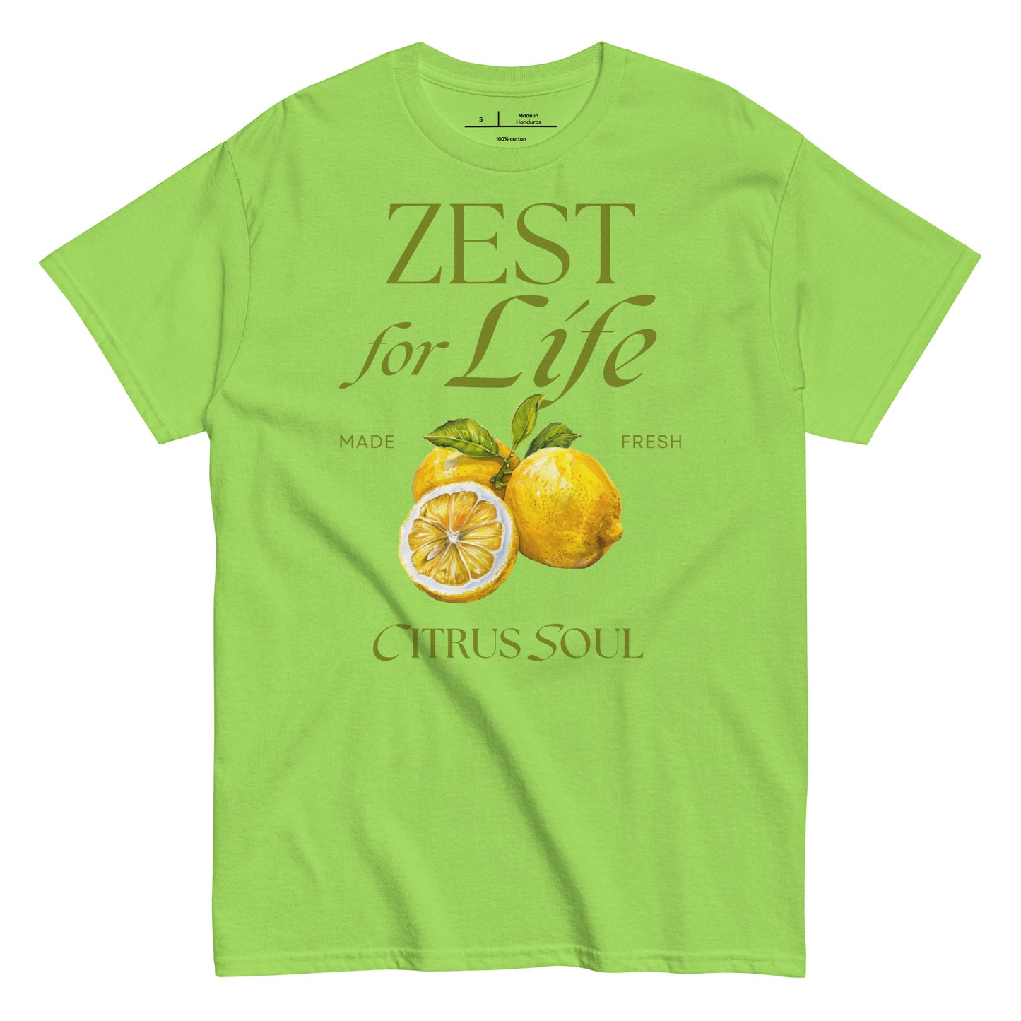 Green t-shirt with lemon graphic and text 'Zest for Life' on a white background