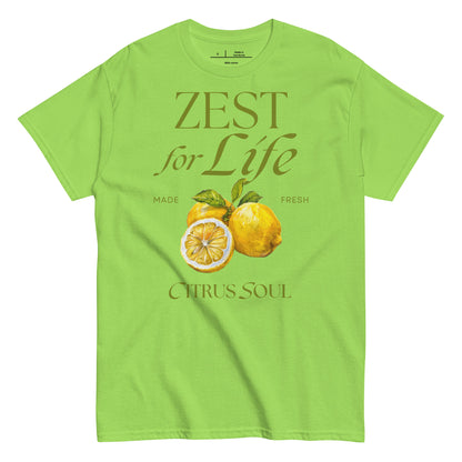 Green t-shirt with lemon graphic and text 'Zest for Life' on a white background