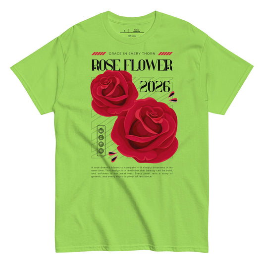 Green t-shirt with red roses and text on a white background