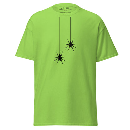 Green t-shirt with black spider design on a white background