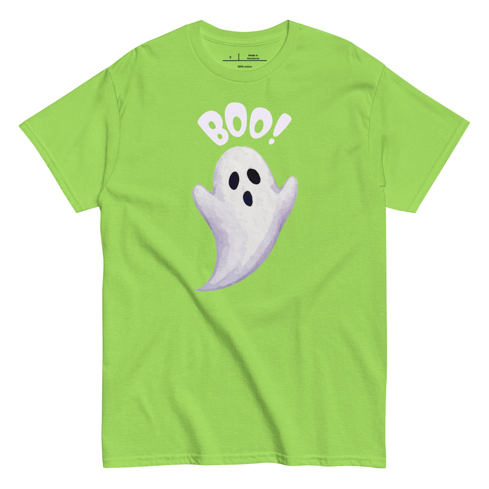 Green t-shirt with a ghost and 'BOO!' text on a white background