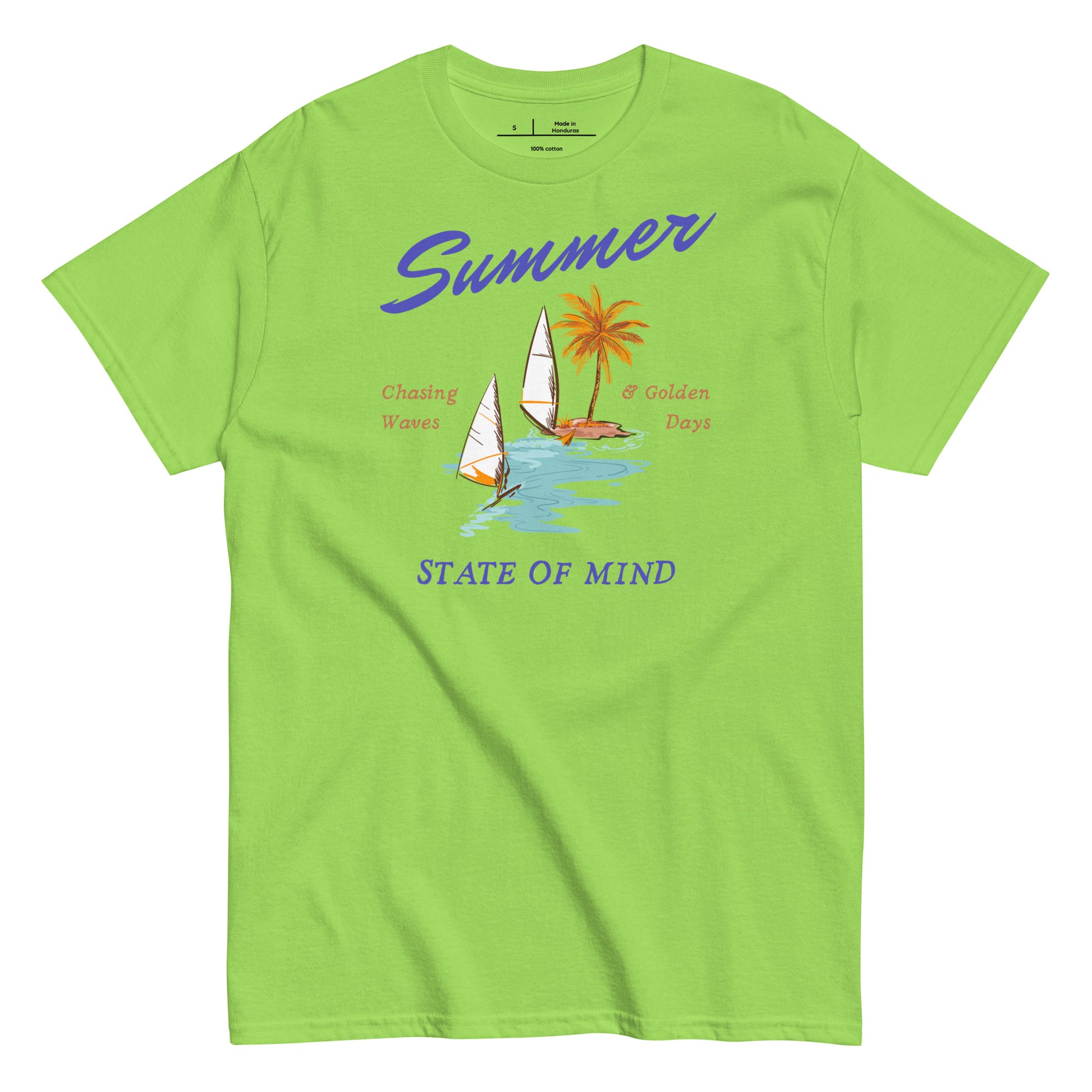 Green t-shirt with summer graphic design featuring a sailboat and palm trees on a white background.