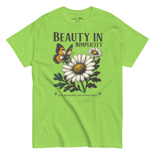 Green t-shirt with a graphic of flowers and a butterfly, featuring the text 'Beauty in Simplicity'.