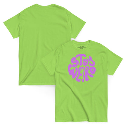Green t-shirt with 'Stay Weird' in purple on a white background
