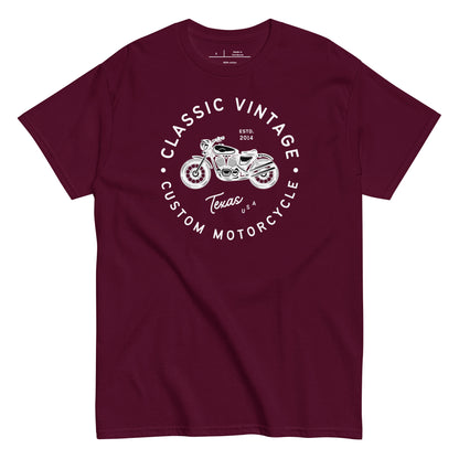 Maroon t-shirt with white graphic and text on a white background
