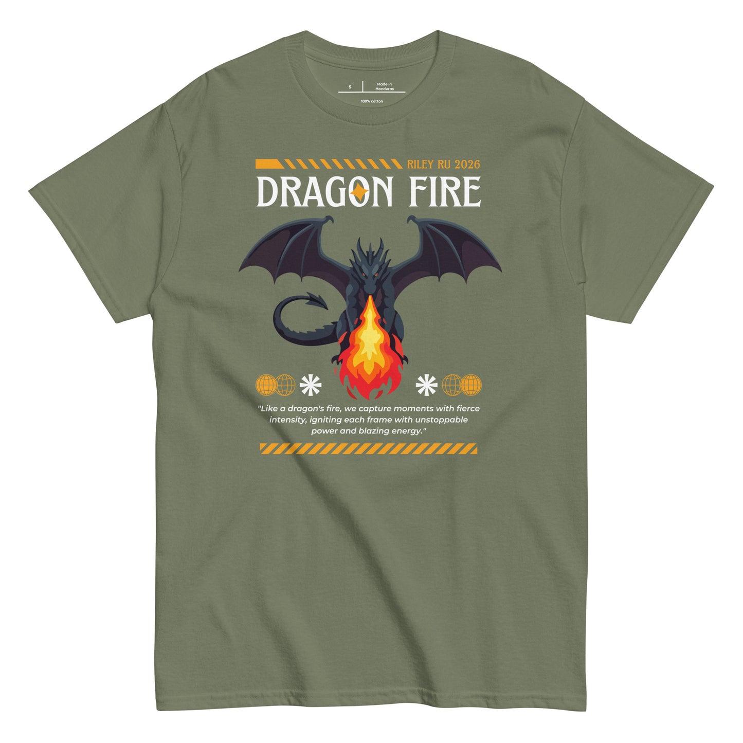 Green t-shirt with dragon graphic and 'Dragon Fire' text on a white background