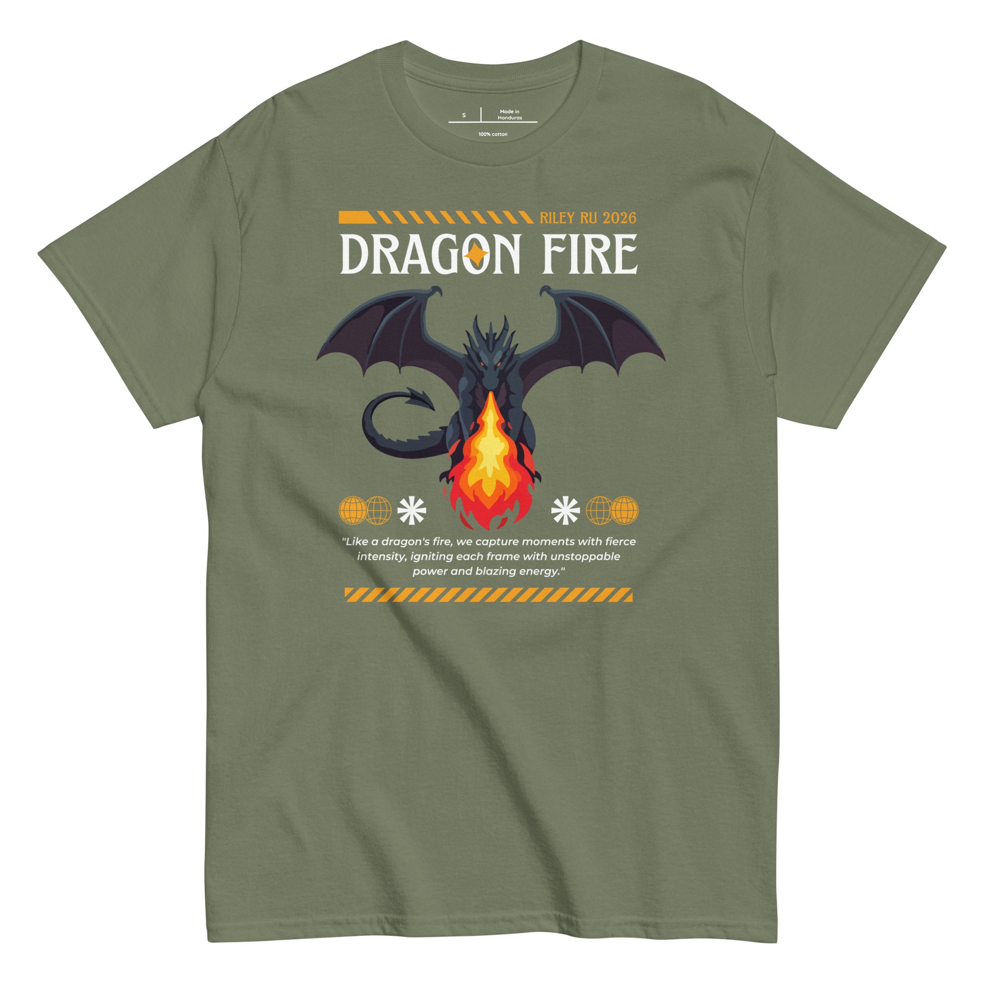 Green t-shirt with dragon graphic and 'Dragon Fire' text on a white background