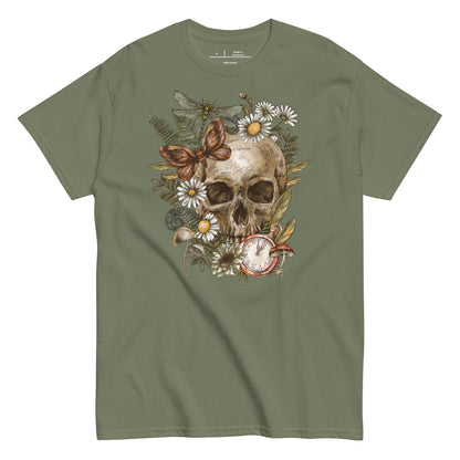 Green t-shirt with a skull and floral design on a white background