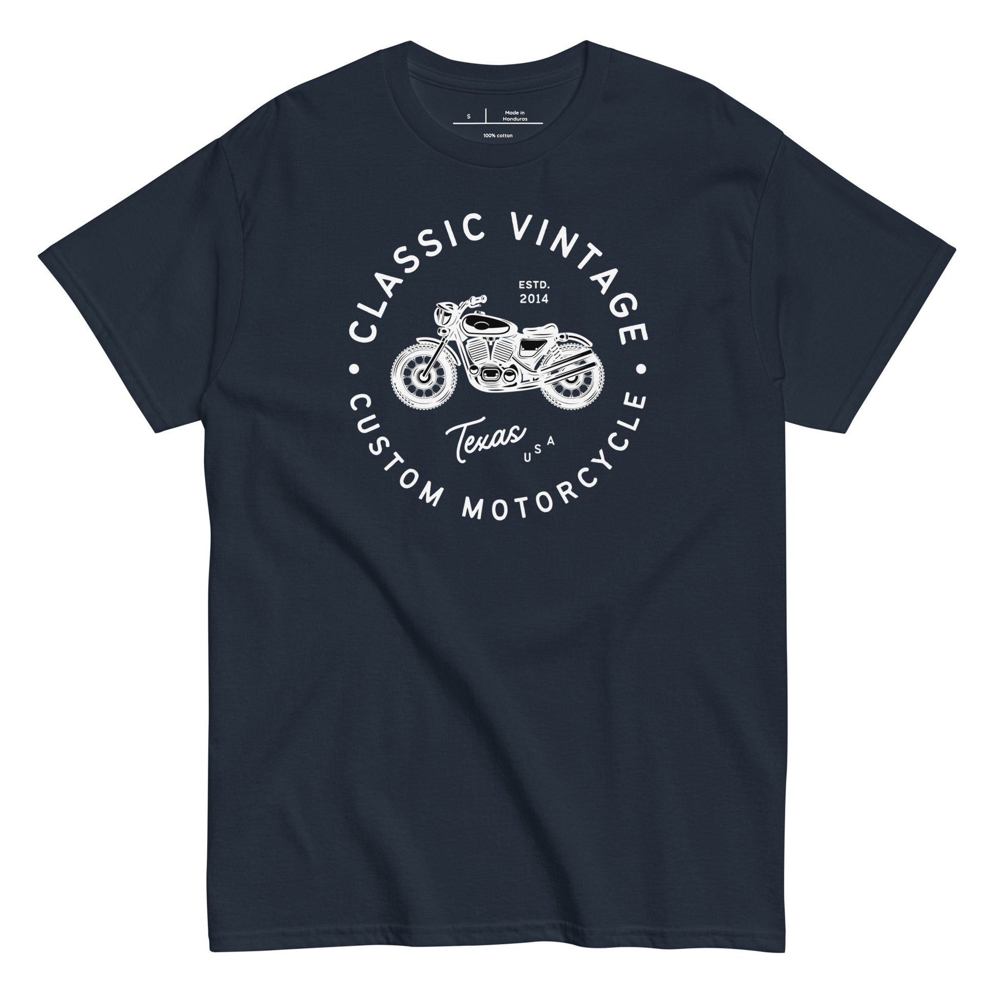 Navy blue t-shirt with white graphic and text on a white background