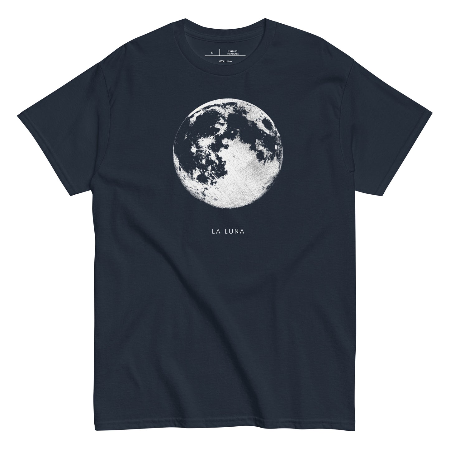 Navy blue t-shirt with moon graphic and 'La Luna' text on a white background
